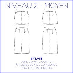 Pattern Sylvie skirt available in sizes 34 to 56 (US 2 to 24, UK 6 to 28)
